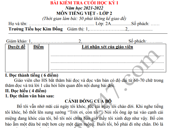 Đề thi kì 1 môn Tiếng Việt lớp 2 - TH Kim Đồng năm 2021