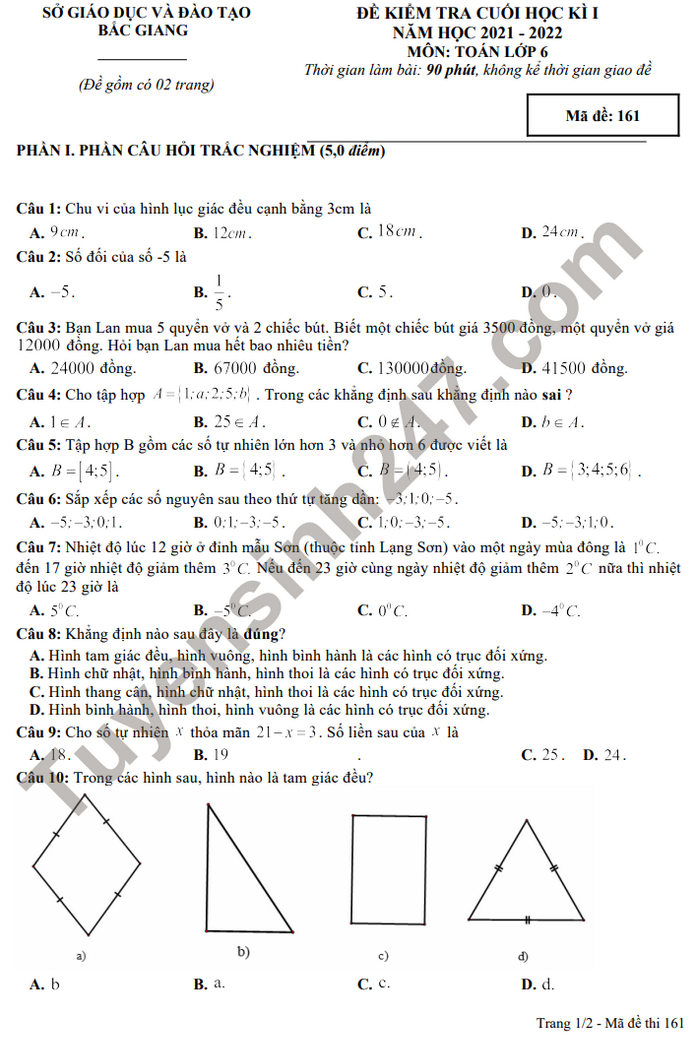 Đề thi học kì 1 lớp 6 môn Toán - Bắc Giang 2021