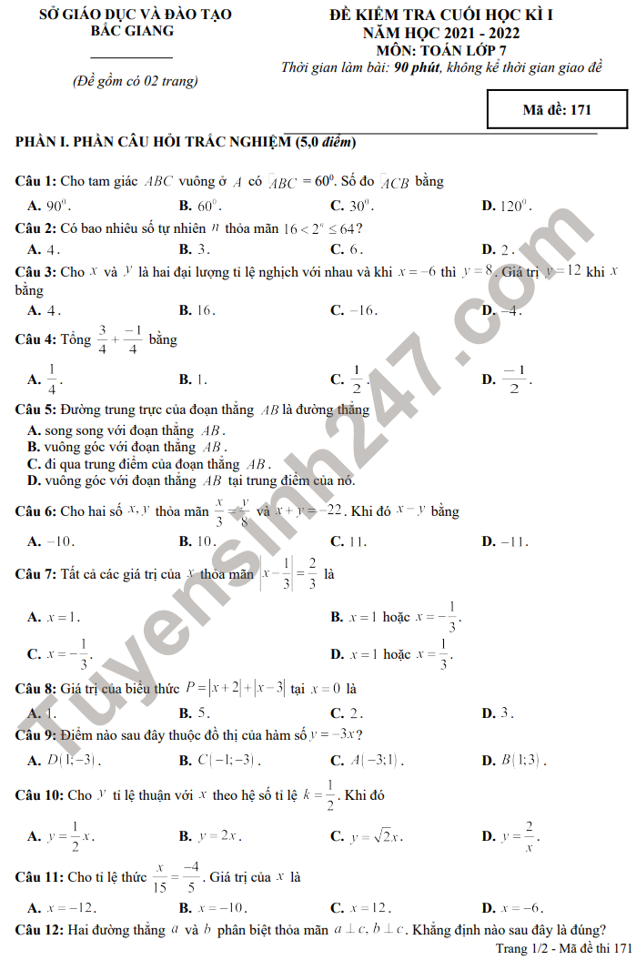 Đề thi học kì 1 năm 2021 tỉnh Bắc Giang - môn Toán lớp 7