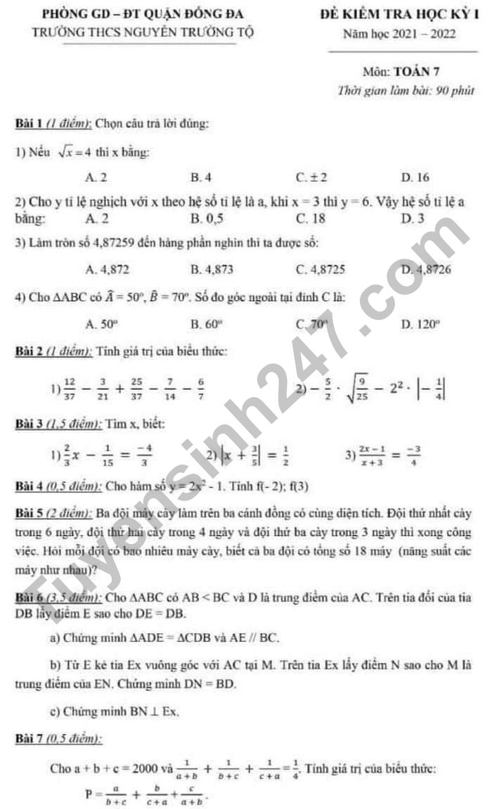 Đề thi kì 1 năm 2021 - 2022 THCS Nguyễn Trường Tộ - Toán lớp 7