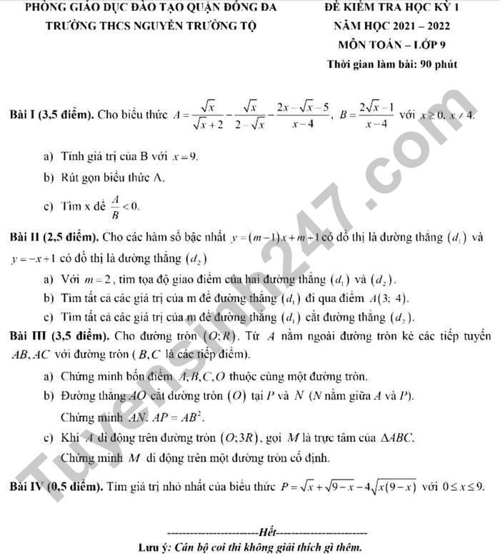 Đề thi học kì 1 môn Toán 9 THCS Nguyễn Trường Tộ năm 2021