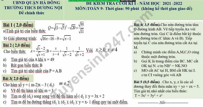 Đề thi cuối kì 1 môn Toán lớp 9 2021 - THCS Dương Nội