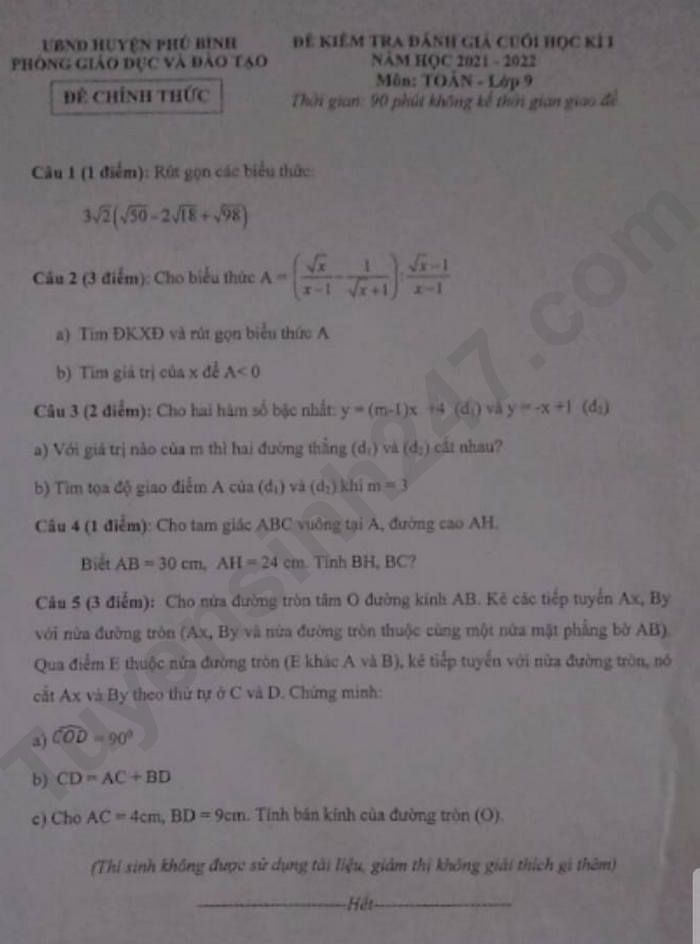 Đề thi học kì 1 lớp 9 môn Toán 2021 - Huyện Phú Bình 