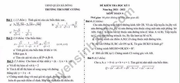 Đề kiểm tra cuối học kì 1 năm 2021 môn Toán lớp 9 - THCS Phú Cường