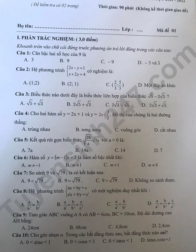 Đề kiểm tra học kì 1 lớp 9 môn Toán - tỉnh Thái Nguyên năm 2021