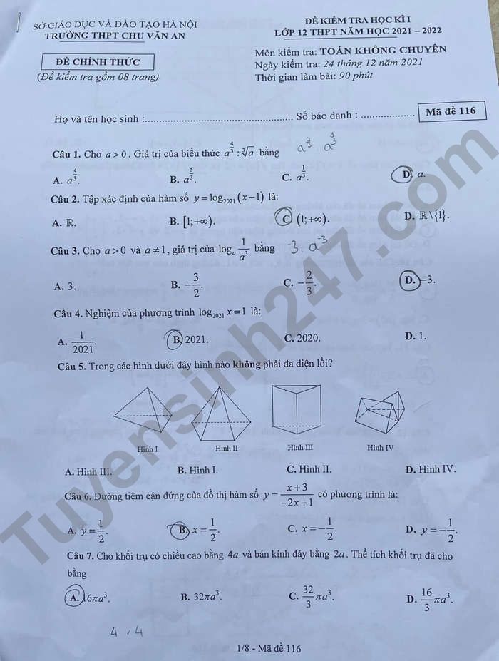 Đề thi cuối kì 1 lớp 12 môn Toán không chuyên - THPT Chu Văn An 2021