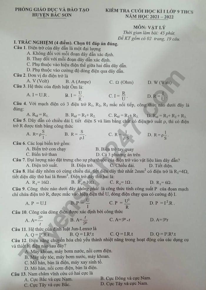 Đề thi kì 1 môn Lý lớp 9 - huyện Bắc Sơn 2021