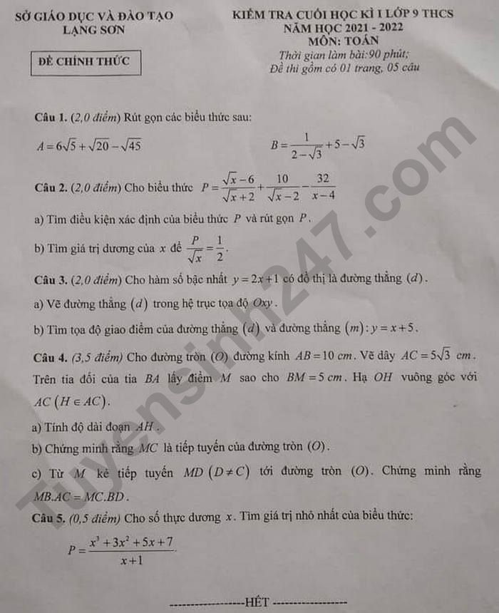 Đề thi học kì 1 năm 2021 Toán lớp 9 - Sở GD Lạng Sơn