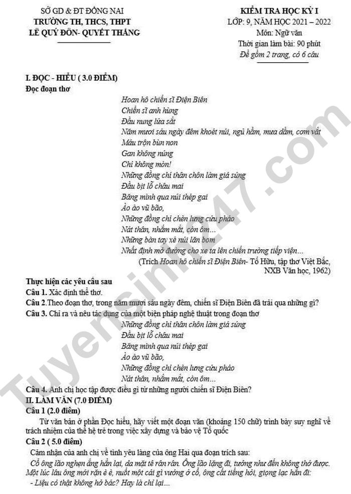Đề thi kì 1 2021 lớp 9 môn Văn TH, THCS, THPT Lê Quý Đôn-Quyết Thắng 