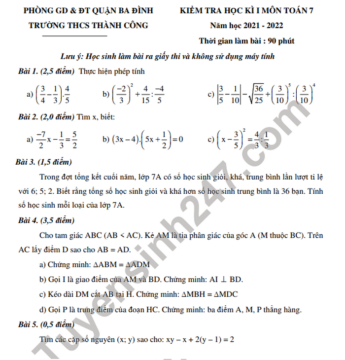 Đề thi học kì 1 THCS Thành Công môn Toán 7 năm 2021
