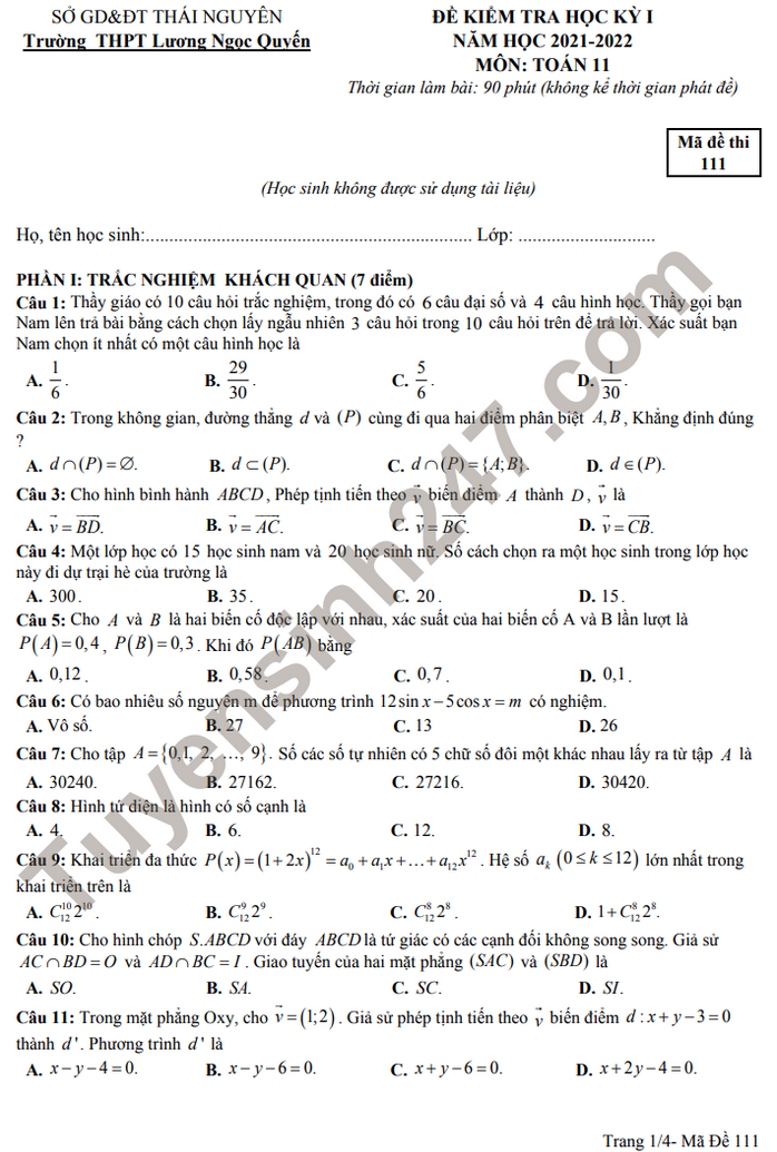 Đề thi kì 1 năm 2021 - 2022 lớp 11 môn Toán - THPT Lương Ngọc Quyến
