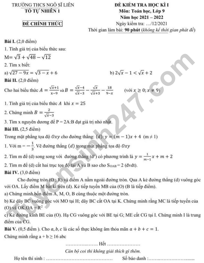 Đề thi học kì 1 Toán lớp 9 THCS Ngô Sĩ Liên năm 2021