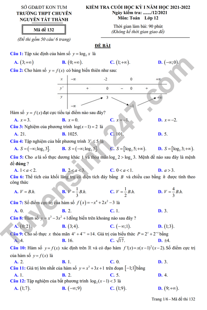 Đề thi kì 1 THPT Chuyên Nguyễn Tất Thành 2021 lớp 12 môn Toán
