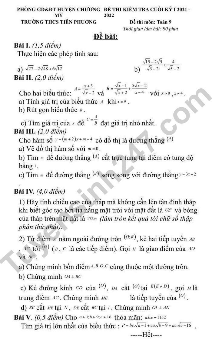 Đề thi học kì 1 THCS Tiên Phương lớp 9 môn Toán 2021