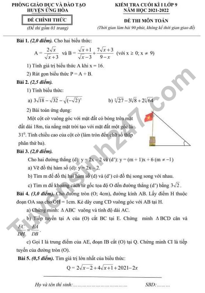 Đề thi học kì 1 lớp 9 môn Toán - Huyện Ứng Hòa 2021