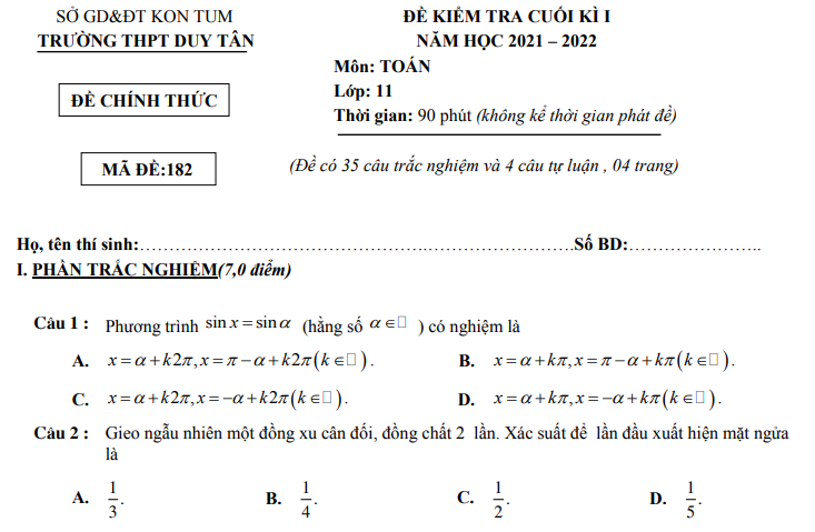 Đề thi kì 1 lớp 11 môn Toán 2021 - THPT Duy Tân