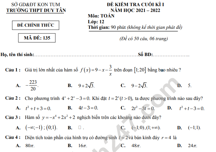 Đề thi kì 1 môn Toán lớp 12 - THPT Duy Tân 2021