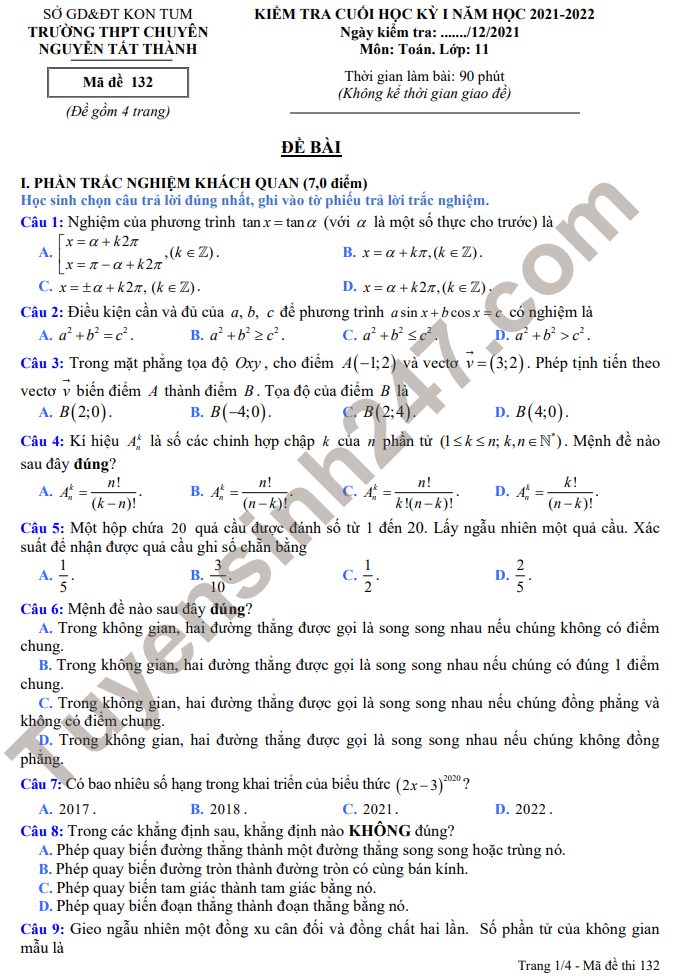 Đề thi kì 1 môn Toán 11 năm 2021 THPT Chuyên Nguyễn Tất Thành