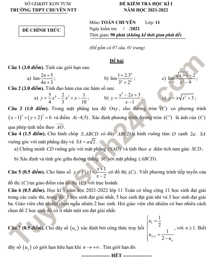 Đề thi học kì 1 THPT Chuyên Nguyễn Tất Thành 2021 - lớp 11 môn Toán (chuyên)