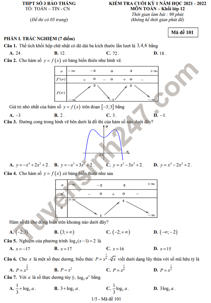 Đề thi học kì 1 năm 2021 THPT Số 3 Bảo Thắng - lớp 12 môn Toán