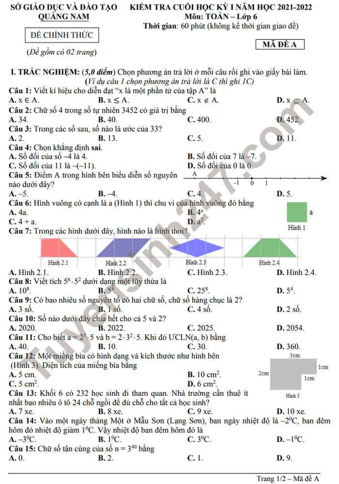Đề thi kì 1 năm 2021 - 2022 môn Toán 6 - tỉnh Quảng Nam