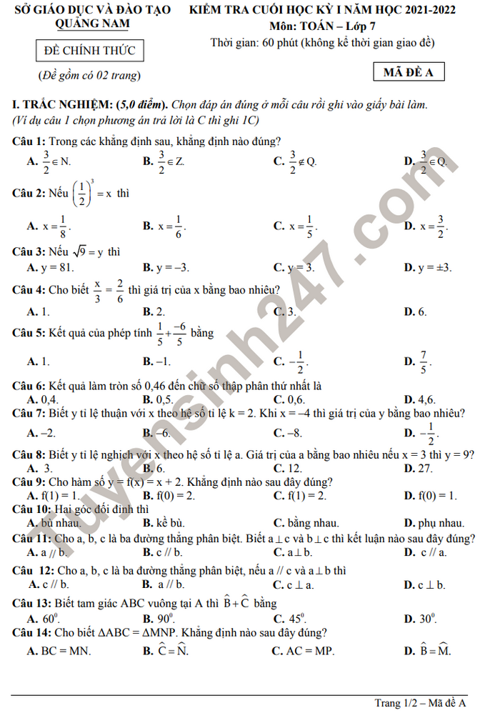 Đề thi học kì 1 Toán lớp 7 tỉnh Quảng Nam 2021