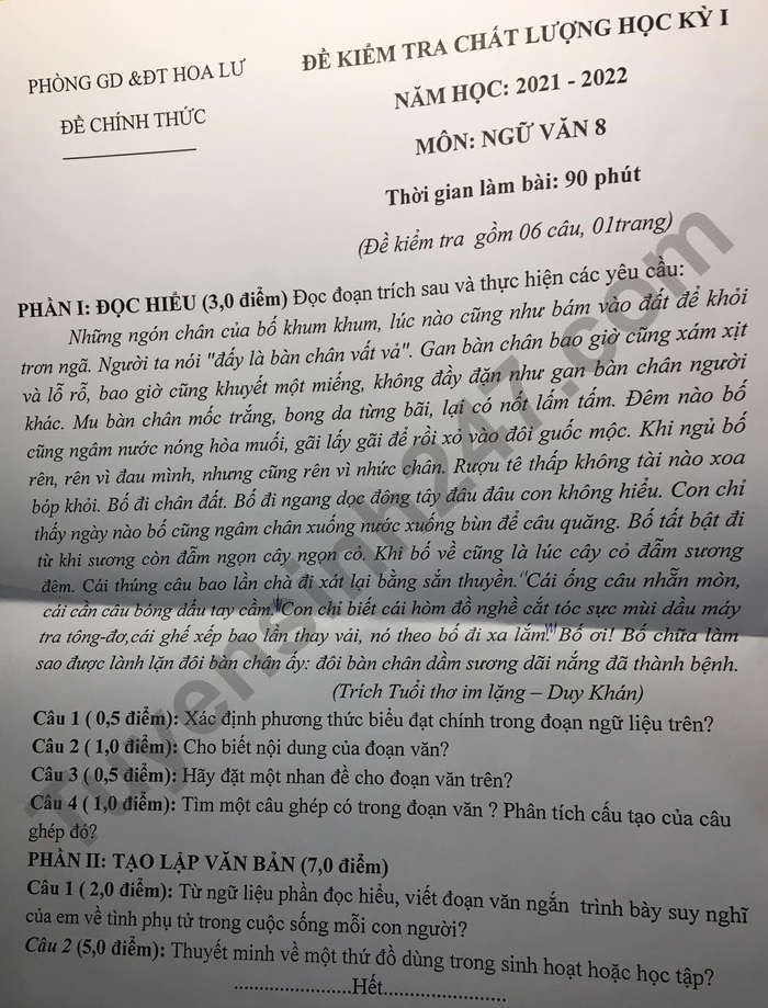 Đề thi học kì 1 lớp 8 môn Văn - Phòng GD Hoa Lư 2021