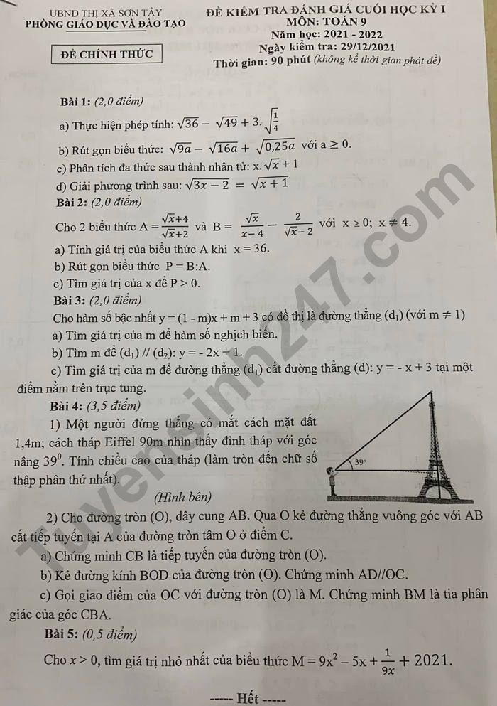 Đề thi cuối kì 1 môn Toán 9 năm 2021 - Thị xã Sơn Tây