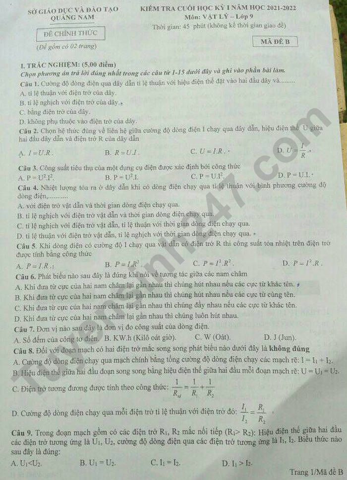 Đề thi học kì 1 lớp 9 môn Lý - Sở GD Quảng Nam 2021