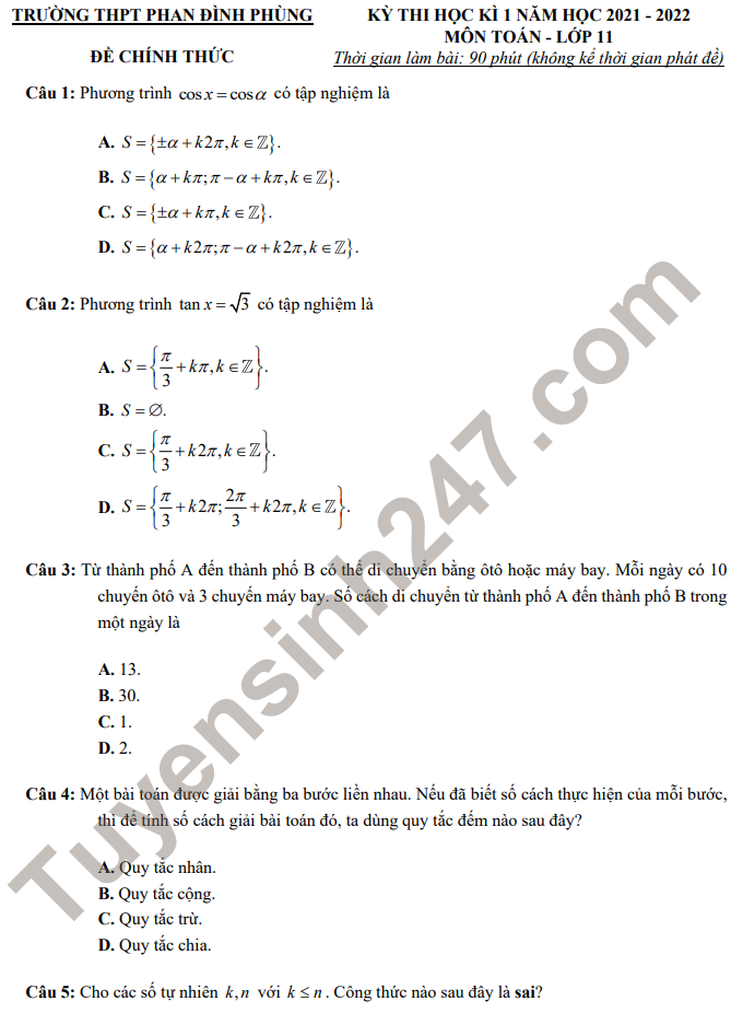 Đề thi cuối kì 1 lớp 11 môn Toán 2021 - THPT Phan Đình Phùng