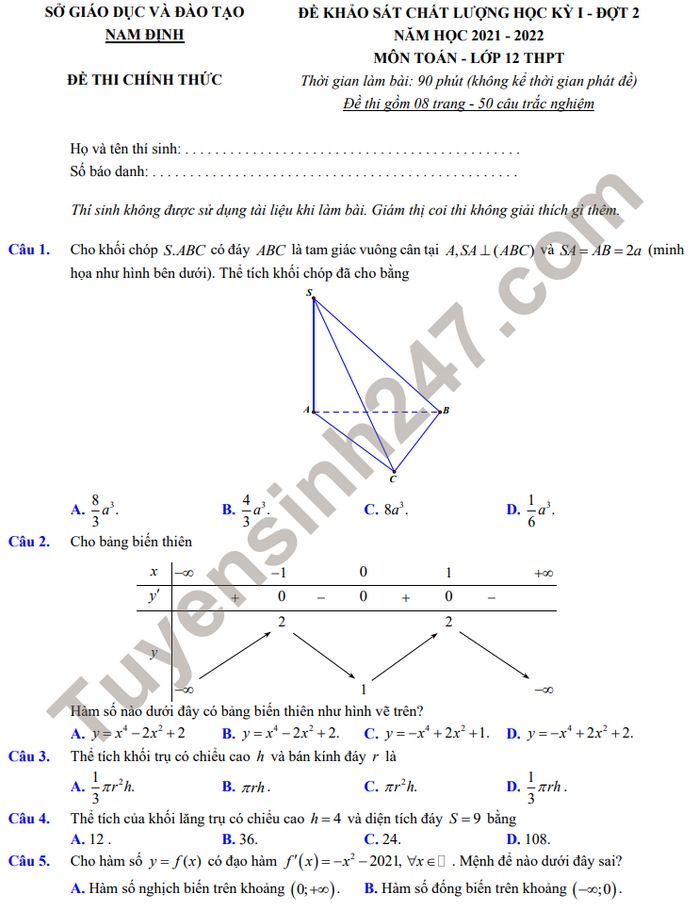 Đề thi học kì 1 đợt 2 môn Toán 12 - tỉnh Nam Định 2021