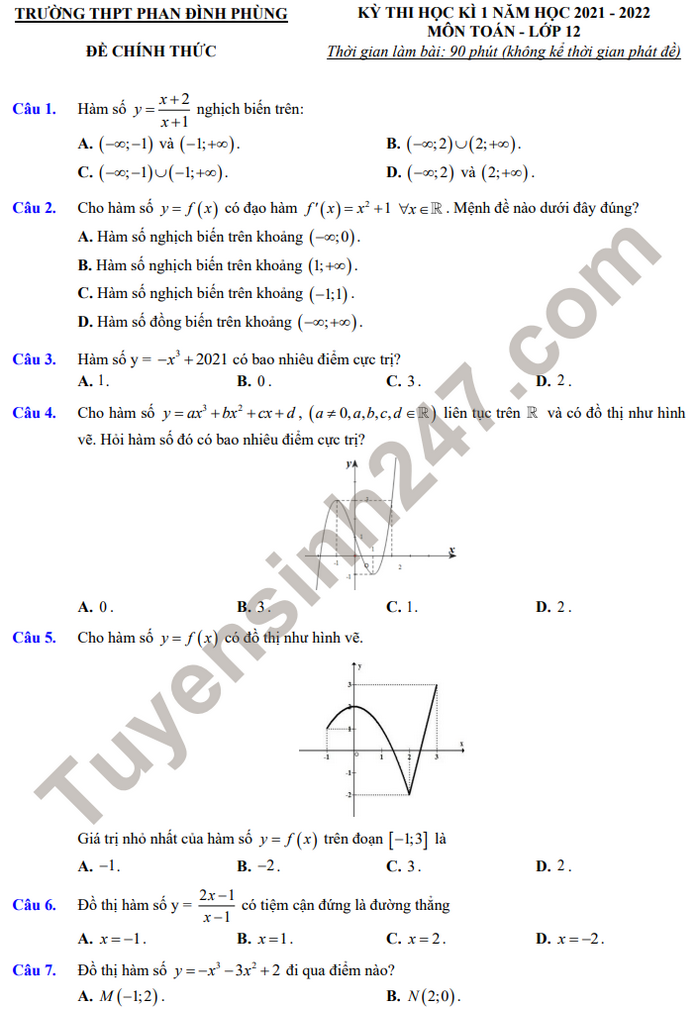 Đề thi học kì 1 Toán 12 năm 2021 THPT Phan Đình Phùng