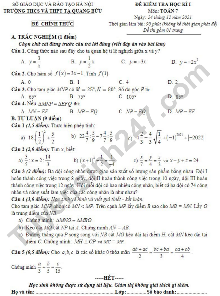 Đề thi kì 1 môn Toán 7 THCS-THPT Tạ Quang Bửu năm 2021