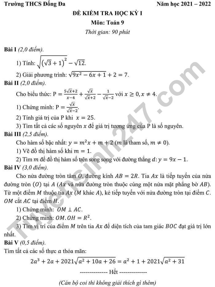 Đề thi kì 1 môn Toán 9 năm 2021 THCS Đống Đa