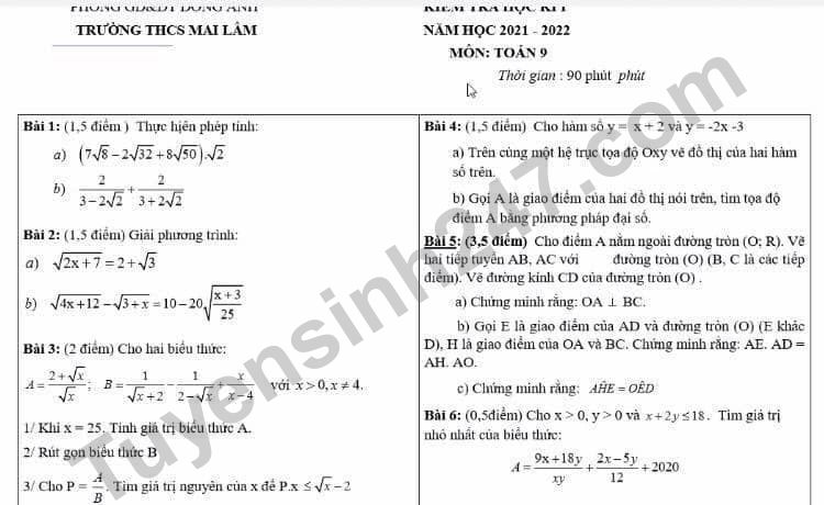 Đề kiểm tra học kì 1 lớp 9 môn Toán - THCS Mai Lâm 2021-2022