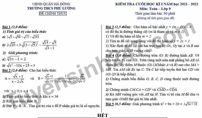 Đề thi kì 1 năm 2021 - 2022 THCS Phú Lương môn Toán 9