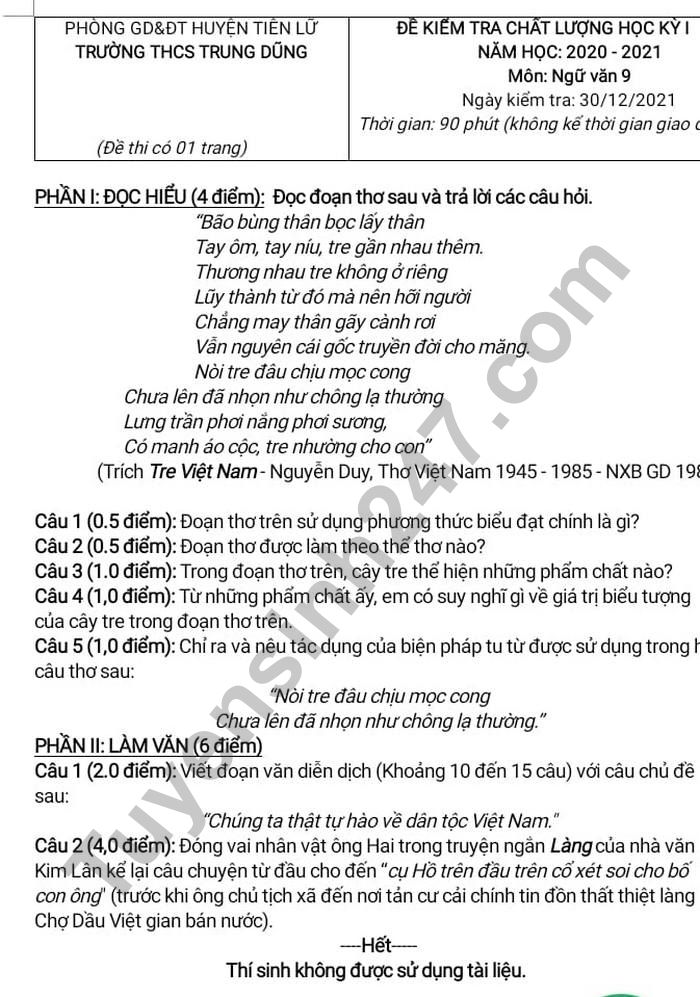 Đề thi học kì 1 THCS Trung Dũng môn Văn lớp 9 năm 2021