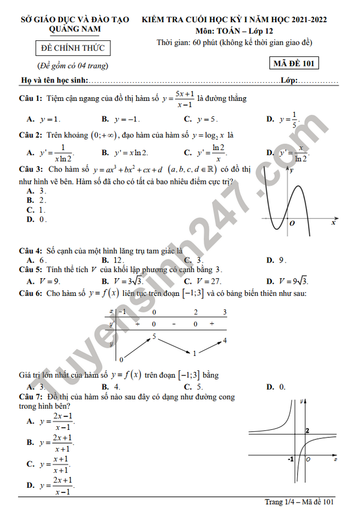 Đề thi học kì 1 môn Toán 12 sở Quảng Nam năm 2021