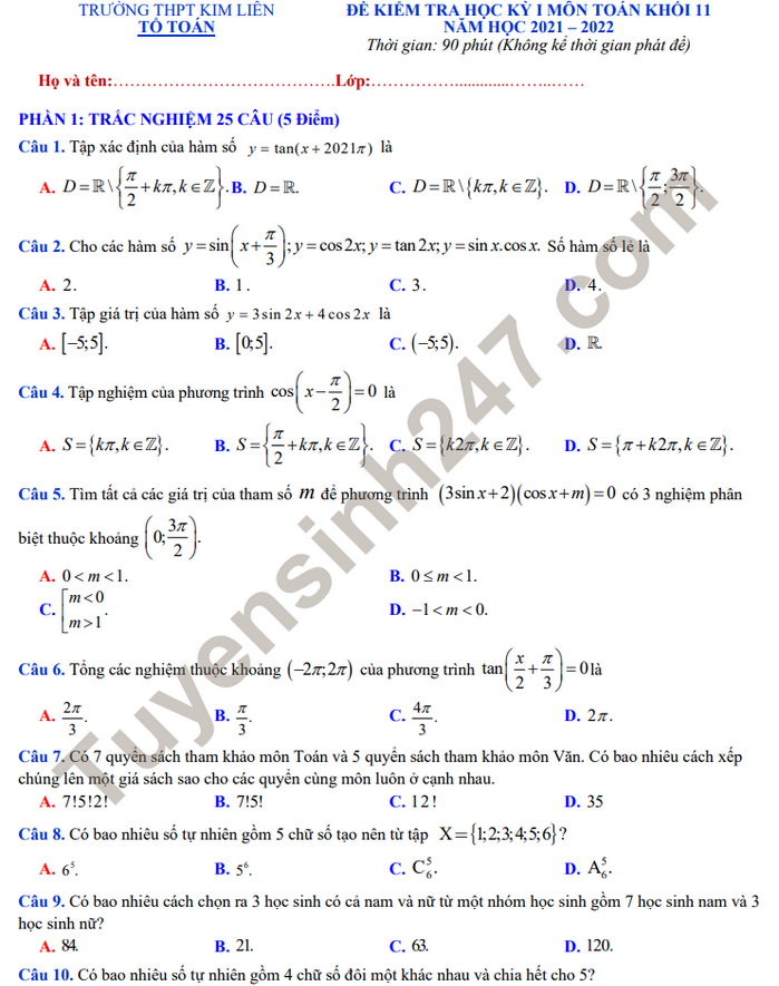 Đề thi kì 1 năm 2021 - 2022 THPT Kim Liên - Toán lớp 11