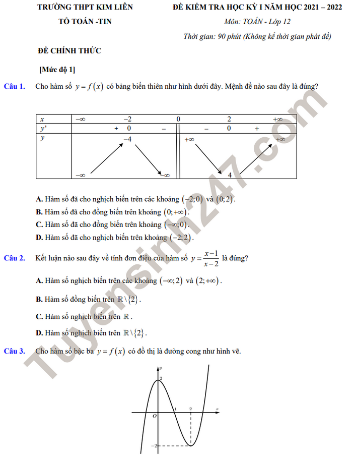 Đề kiểm tra học kì 1 Toán lớp 12 THPT Kim Liên 2021