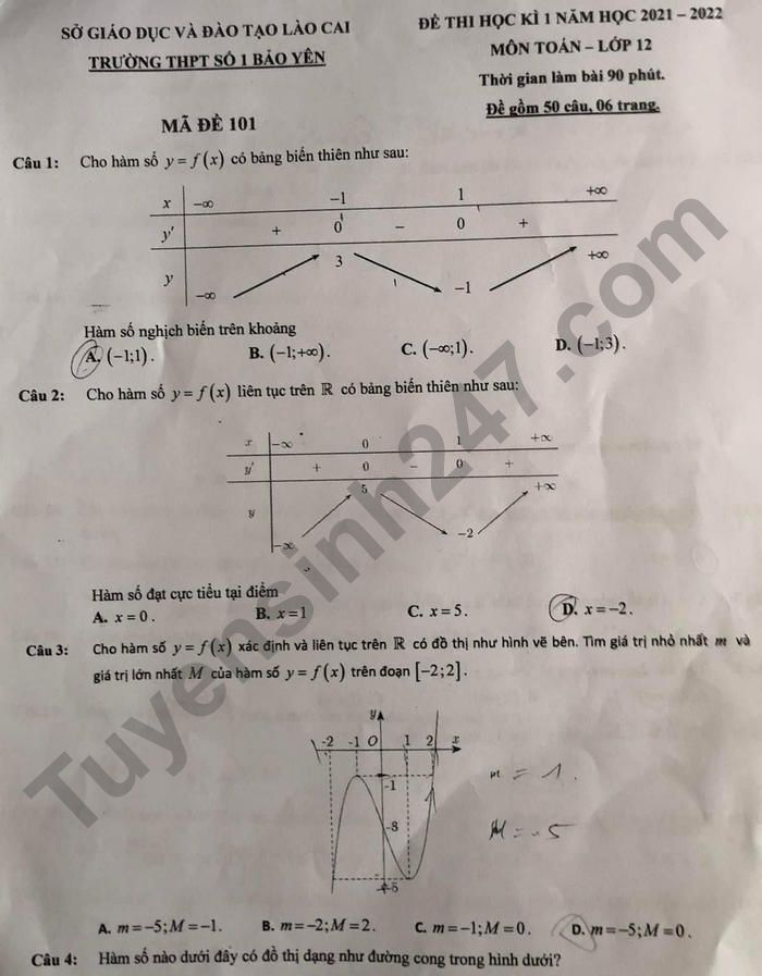 Đề thi học kì 1 lớp 12 môn Toán - THPT Số 1 Bảo Yên năm 2021