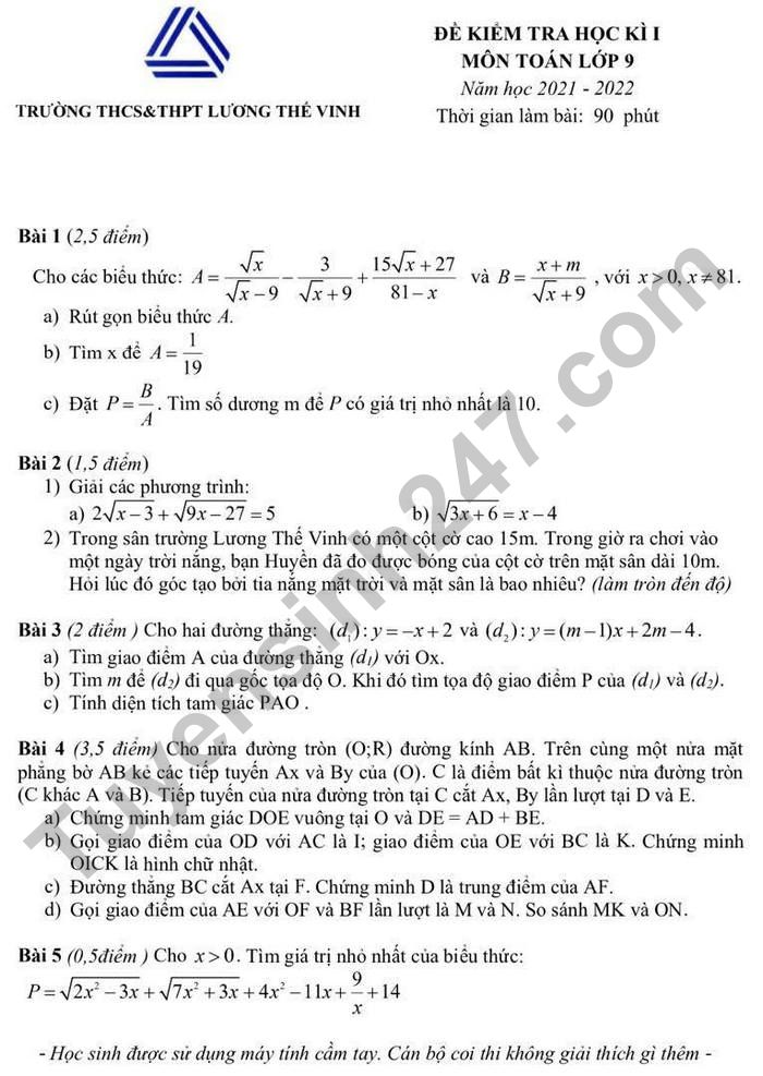 Đề thi học kì 1 năm 2021 lớp 9 môn Toán - THCS&THPT Lương Thế Vinh