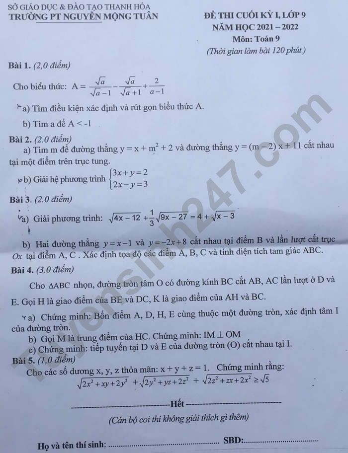 Đề thi học kì 1 PT Nguyễn Mộng Tuân 2021 - Toán lớp 9