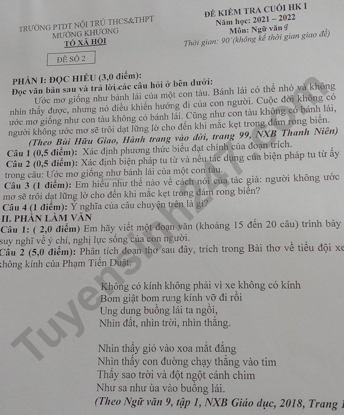 Đề thi học kì 1 lớp 9 môn Văn - PTDTNT THCS&THPT Mường Khương 2021