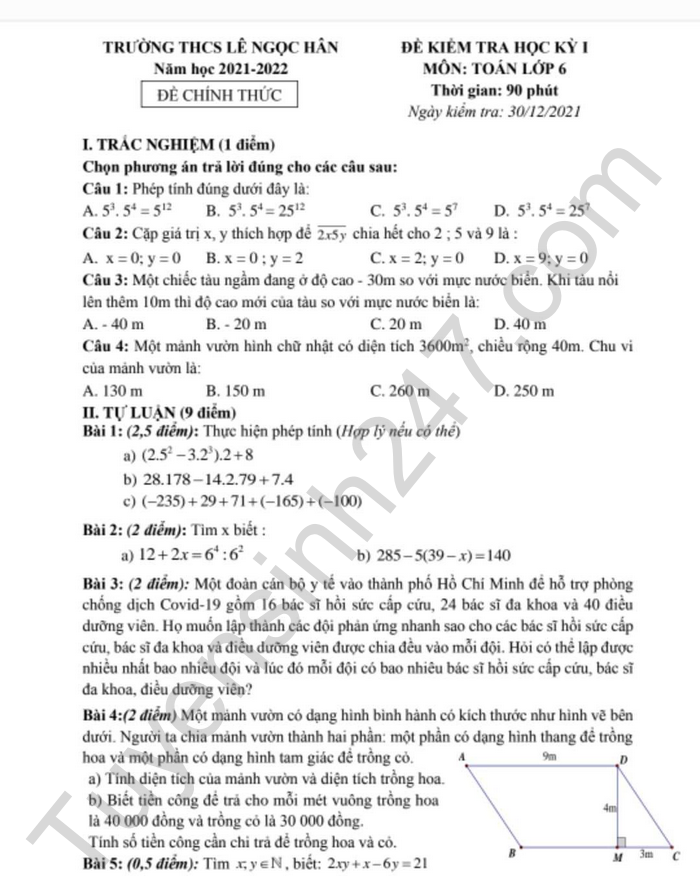 Đề thi học kì 1 môn toán 6 THCS Lê Ngọc Hân năm 2021