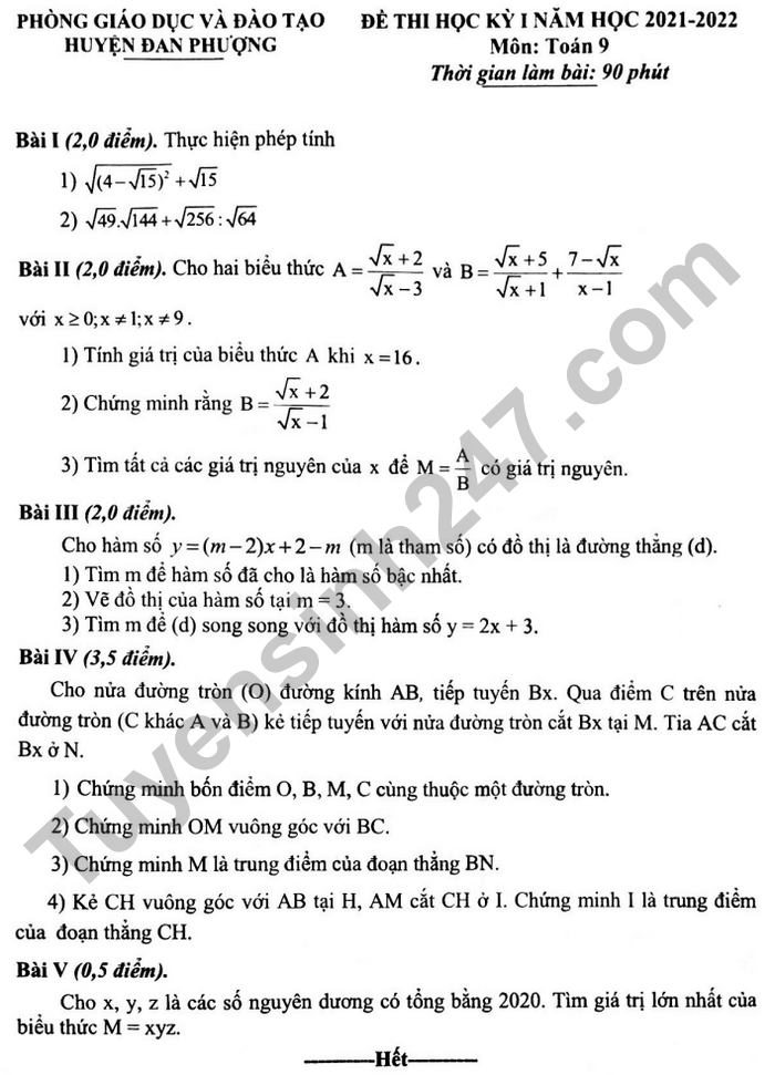 Đề thi học kì 1 năm 2021 Toán 9 - Phòng GD Đan Phượng