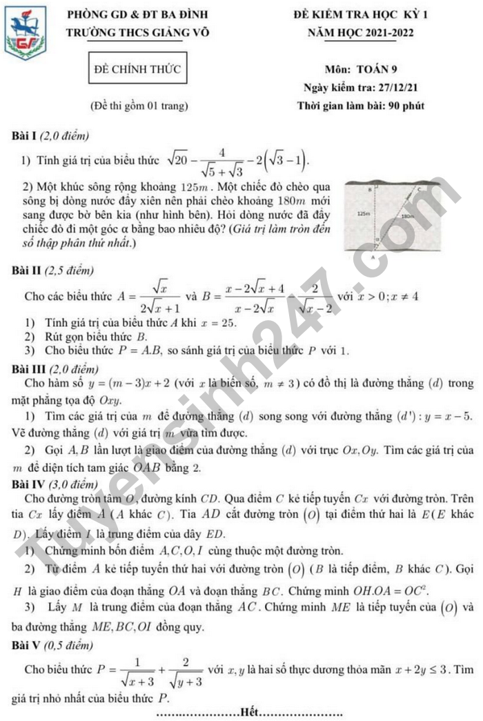 Đề thi học kì 1 lớp 9 môn Toán 2021 - THCS Giảng Võ