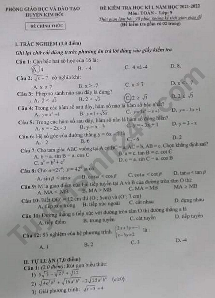 Đề thi học kì 1 lớp 9 môn Toán 2021 - Phòng GD Kim Bôi
