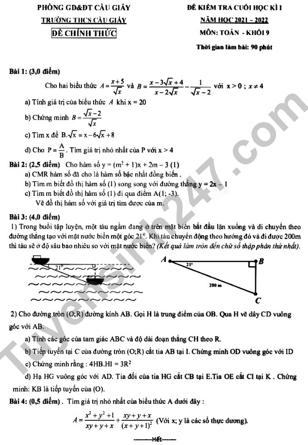 Đề thi học kì 1 lớp 9 năm 2021 THCS Cầu Giấy môn Toán