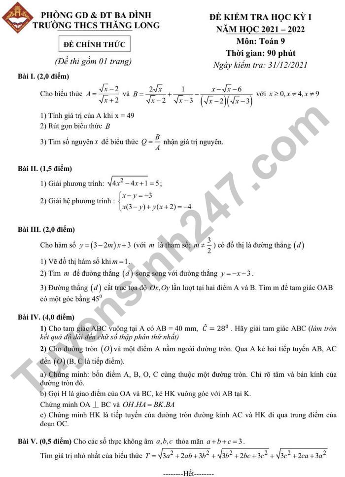 Đề thi học kì 1 môn Toán 9 THCS Thăng Long 2021